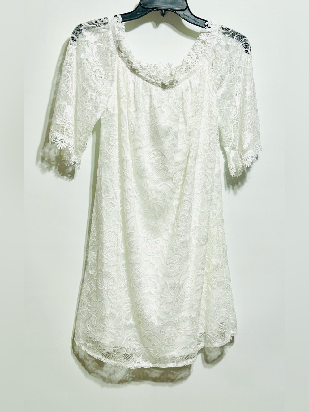 White Lace Midi Dress with Scalloped Off-Shoulder Neckline